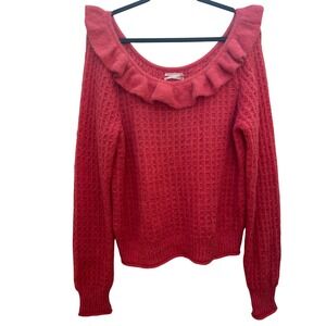 Anthropologie Ruffle Neck Waffle Knit Sweater Coral Pink Wool Blend XL OB1398954